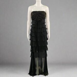 SHAWN RAY FONS Size 6 Black Silk Lace Ruffle Long Cocktail Dress
